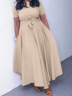 Women‘s Plus Size Curve Casual Dress A Line Dress Solid Color Long Dress Maxi Dress Short Sleeve Lace Up Pocket Crew Neck Fashion Outdoor Black Yellow Summer Spring L XL XXL 3XL