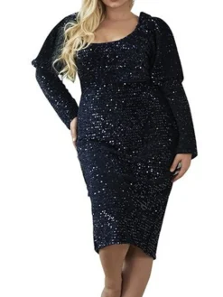 Women's Plus Size Curve Party Dress Sequin Dress Lace Dress Plain Midi Dress Long Sleeve Ruched Crew Neck Fashion Party Black Red Fall Winter XL XXL 3XL 4XL -HANs Plus Size Style Shop nlyoxe1695031419177