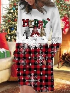 Women's Christmas Casual Dress Sweatshirt Dress Mini Dress Warm Fashion OutdoorHoliday Crew Neck Pocket Print GeometricTree Snowflake Loose Fit Wine Blue Gray S M L XL XXL