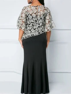 Women‘s Plus Size Curve Easter Dress Party Dress Solid Color V Neck Lace Half Sleeve Fall Spring Dress Elegant Prom Dress Maxi Dress Formal Dress -HANs Plus Size Style Shop nmrcwo1640073824543