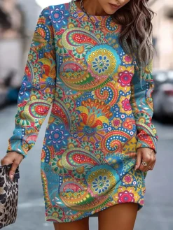 Women's Casual Dress Sweatshirt Dress Mini Dress Warm Fashion Outdoor Holiday Vacation Crew Neck Print Floral Geometric Print Loose Fit Black Royal Blue Blue S M L XL XXL -HANs Plus Size Style Shop nmsjon1692933991268