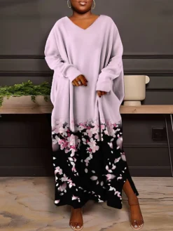 Women's Plus Size Curve Casual Dress Sweatshirt Dress Winter Dress Floral Gradient Long Dress Maxi Dress Long Sleeve Split Print V Neck Fashion Outdoor Pink Blue Fall Winter L XL XXL 3XL 4XL -HANs Plus Size Style Shop nnffiy1693386776856