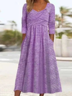 Women's Casual Dress Pleated Dress Plain Dress Plain Ruched Pocket Square Neck Midi Dress Fashion Modern Daily Vacation 3/4 Length Sleeve Regular Fit Pink Purple Green Summer Spring S M L XL XXL -HANs Plus Size Style Shop nnmuzk1680510734803