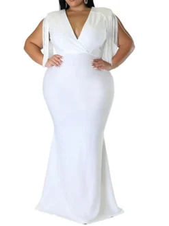 Women‘s Plus Size Curve Party Dress Solid Color V Neck Tassel Fringe Sleeveless Spring Summer Formal Maxi Long Dress Party Date Dress -HANs Plus Size Style Shop nnpnys1659936866727