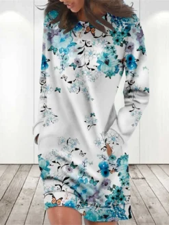 Women's Casual Dress Sweatshirt Dress Winter Dress Floral Pocket Print Crew Neck Mini Dress Fashion Streetwear Outdoor Daily Long Sleeve Loose Fit Red Royal Blue Blue Fall Winter S M L XL XXL