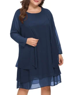 Women‘s Plus Size Curve Casual Dress Solid Color Crew Neck Mesh Long Sleeve Spring Fall Casual Knee Length Dress Daily Vacation Dress -HANs Plus Size Style Shop nogntk1691043844438