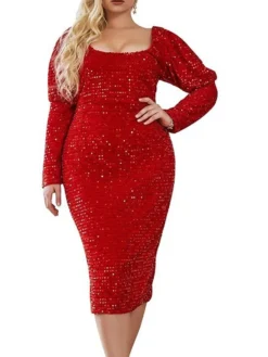 Women's Plus Size Curve Party Dress Sequin Dress Lace Dress Plain Midi Dress Long Sleeve Ruched Crew Neck Fashion Party Black Red Fall Winter XL XXL 3XL 4XL -HANs Plus Size Style Shop noiely1695031418652