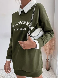 Women's Casual Dress Sweatshirt Dress Winter Dress Letter Patchwork Print Shirt Collar Mini Dress Fashion Streetwear Outdoor Street Long Sleeve Loose Fit Black Army Green Dark Blue Fall Winter S M L -HANs Plus Size Style Shop nojejr1693556893812