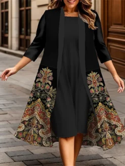 Women's Plus Size Curve Casual Dress Dress Set Two Piece Dress Floral Midi Dress 3/4 Length Sleeve Print Crew Neck Fashion Outdoor Yellow Blue Fall Winter L XL XXL 3XL 4XL