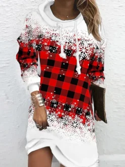 Women's Christmas Hoodie Dress Shift Dress Mini Dress Blue Wine Red Long Sleeve Plaid Snowflake Print Winter Fall Hooded Vacation Casual 2022 S M L XL XXL 3XL