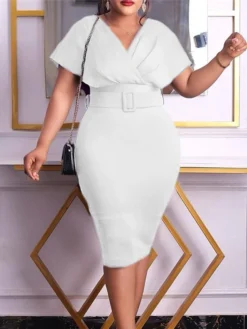 Women‘s Plus Size Curve Easter Dress Work Dress Solid Color V Neck Short Sleeve Spring Dress Fall Work Formal Knee Length Dress Date Vacation Dress -HANs Plus Size Style Shop nphsbz1661334435764