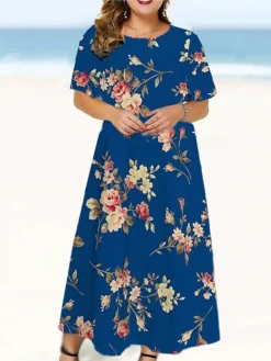 Women‘s Plus Size Curve Casual Dress Floral Long Dress Maxi Dress Short Sleeve Print Crew Neck Fashion Outdoor White Blue Summer Spring L XL XXL 3XL 4XL