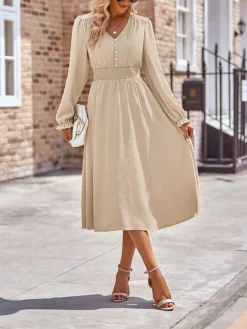 Women's Casual Dress Plain Dress Empire Waist Dresses Midi Dress Pleated Button Street Daily Holiday Fashion Streetwear V Neck Long Sleeve 2023 Loose Fit Black Blue Army Green Color S M L XL Size -HANs Plus Size Style Shop npvnhd1691148127328