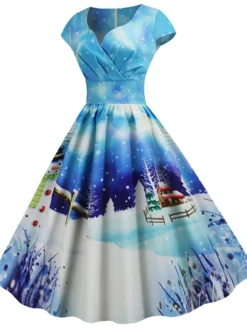 Women's Christmas Knee Length Dress Blue Dusty Blue Royal Blue Black Red Navy Blue Dark Blue Light Blue Short Sleeve Print Print Fall Winter V Neck Casual Vintage2021 S M L XL XXL 3XL -HANs Plus Size Style Shop npxtrj1629970325890