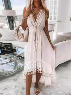 Women's Casual Dress Swing Dress Plain Dress Plain Lace V Neck Maxi Dress Basic Elegant Outdoor Daily Sleeveless Regular Fit White Spring Summer S M L XL -HANs Plus Size Style Shop nqcgas1673259343768