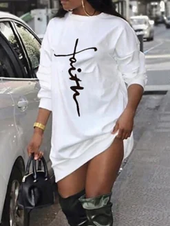 Women's Casual Dress Sweatshirt Dress Shift Dress Letter Print Crew Neck Mini Dress Fashion Streetwear Outdoor Daily Long Sleeve Loose Fit Black White Spring Fall S M L XL XXL