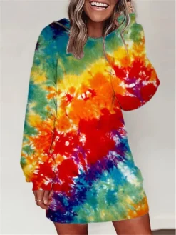 Women's Casual Dress Sweatshirt Dress Winter Dress Tie Dye Print Crew Neck Mini Dress Fashion Streetwear Outdoor Daily Long Sleeve Loose Fit White Yellow Red Fall Winter S M L XL XXL