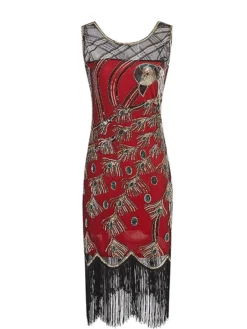 Women's Retro 1920s Fringe Dress Midi Dress Party Holiday Sequins Tassel Fringe Animal Crewneck Sleeveless Regular Fit Spring Fall 2023 Black Red S M L XL -HANs Plus Size Style Shop nrpuof1693533784111