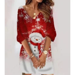 Women‘s Christmas Sweatshirt Dress Winter Dress Short Mini Dress Black 3/4 Length Sleeve Hat Print Fall Winter V Neck Vacation Casual 2022 S M L XL XXL 3XL -HANs Plus Size Style Shop nsomnf1666786430778