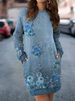 Women's Casual Dress Sweatshirt Dress Mini Dress Warm Fashion Outdoor Vacation Going Out Crew Neck Pocket Print Floral Loose Fit Pink Royal Blue Blue S M L XL XXL