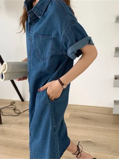 Women's Shift Dress Denim Shirt Dress Midi Dress Denim Fashion Casual Outdoor Daily Vacation Shirt Collar Button Pocket Short Sleeve Summer Spring Fall 2023 Loose Fit Blue Plain S M L XL -HANs Plus Size Style Shop ntcxjx1677036650653