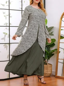 Women's Plus Size Curve Casual Dress A Line Dress Floral Dress Solid Color Floral Long Dress Maxi Dress Long Sleeve Fake Two Piece Crew Neck Fashion Party Green Fall Winter XL XXL 3XL 4XL -HANs Plus Size Style Shop ntdlfy1695018762831