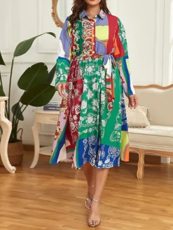 Women's Plus Size Shirt Dress Casual Dress Midi Dress Outdoor Daily Date Polyester Basic Classic Shirt Collar Button Tie Belt Long Sleeve Spring Fall Winter 2023 Loose Fit Green Geometric Color Block