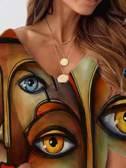 Women's Casual Dress Bodycon Sheath Dress Mini Dress Yellow 3/4 Length Sleeve Abstract Print Fall Winter Autumn V Neck Vacation Loose Fit 2023 S M L XL XXL 3XL 4XL 5XL -HANs Plus Size Style Shop nthdwo1662357279622