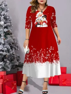 Women's Christmas Plus Size Curve Casual Dress Work Dress Swing Dress Snowman Snowflake Midi Dress Half Sleeve Pocket Print V Neck Fashion Outdoor Red Gold Fall Winter L XL XXL 3XL 4XL -HANs Plus Size Style Shop ntnmpm1696839232725