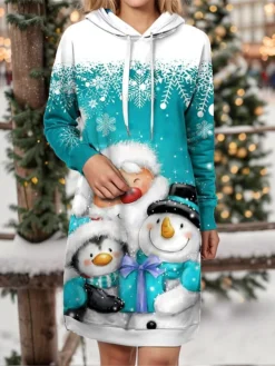 Women's Christmas Dress Hoodie Dress Mini Dress Warm Fashion Outdoor Christmas Holiday Hoodie Print Snowman Snowflake Loose Fit Yellow Wine Blue S M L XL XXL -HANs Plus Size Style Shop ntooke1697542414670
