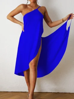 Women's Cover Up Beach Dress Beach Wear Midi Dress Backless Cold Shoulder Sexy Modern Plain Spaghetti Strap Sleeveless Loose Fit Daily Vacation Black White 2023 Spring Summer S M L XL -HANs Plus Size Style Shop nttjrq1677147218358