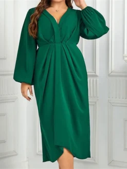 Women's Plus Size Curve Casual Dress A Line Dress Plain Midi Dress Long Sleeve Ruched V Neck Fashion Outdoor Green Fall Winter XL XXL 3XL 4XL -HANs Plus Size Style Shop ntxxuo1695279809243
