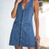 Women's Denim Dress Denim Shirt Dress Mini Dress Cotton Denim Stylish Hot Outdoor Daily Vacation V Neck Button Pocket Sleeveless Summer Spring 2023 Regular Fit Blue Pure Color S M L XL XXL
