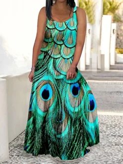 Women's Plus Size Curve Casual Dress Swing Dress Strap Dress Peacock Feather Maxi Long Dress Sleeveless Print Strap Romantic Daily Deep Purple Deep Green Summer Spring L XL XXL 3XL 4XL