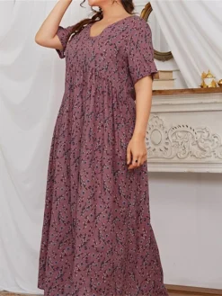 Women‘s Plus Size Curve Flattering Dresses Apple Shaped Dress Casual Dress Floral Dress Floral Long Dress Maxi Dress Short Sleeve Print V Neck Basic Outdoor Fuchsia Spring Summer XL XXL 3XL -HANs Plus Size Style Shop nubwuw1677152634090