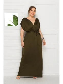 Women's Plus Size Party Dress Solid Color V Neck Short Sleeve Summer Spring Elegant Casual Prom Dress Maxi Long Dress Party Daily Dress -HANs Plus Size Style Shop nutpcx1636535370730