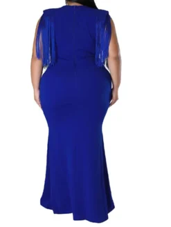 Women‘s Plus Size Curve Party Dress Solid Color V Neck Tassel Fringe Sleeveless Spring Summer Formal Maxi Long Dress Party Date Dress -HANs Plus Size Style Shop nvdrpb1659936869054