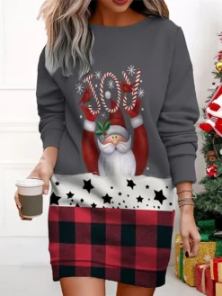 Women's Christmas Casual Dress Sweatshirt Dress Mini Dress Warm Fashion OutdoorVacation Crew Neck Print Santa Claus Loose Fit Black Red Beige S M L XL XXL -HANs Plus Size Style Shop nvpfij1695365431546