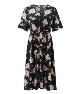 Women‘s Plus Size Curve Casual Dress A Line Dress Floral Dress Floral Midi Dress Short Sleeve Print V Neck Fashion Daily Black White Spring Summer L XL XXL 3XL -HANs Plus Size Style Shop nvtmmz1672800364751