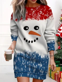 Women's Christmas Casual Dress Sweatshirt Dress Mini Dress Warm Fashion Outdoor Vacation Crew Neck Print Santa Claus Snowman Loose Fit ArmyGreen Red Navy Blue S M L XL XXL -HANs Plus Size Style Shop nwcmsx1695365299708
