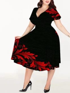 Women‘s Plus Size Curve Casual Dress A Line Dress Graphic Midi Dress Short Sleeve Print V Neck Elegant Holiday Black White Summer Spring L XL XXL 3XL 4XL -HANs Plus Size Style Shop nwempu1678695530674