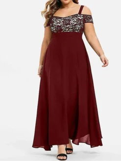 Women‘s Plus Size Curve Party Dress Homecoming Dress Formal Dress Solid Color Long Dress Maxi Dress Short Sleeve Lace Strap Modern Party Black Wine Summer Spring L XL XXL 3XL 4XL -HANs Plus Size Style Shop nwesci1672986715594