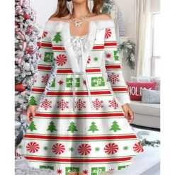 Women's Christmas Swing Dress Vintage Dress Mini Dress Green Light Green Wine Red Navy Blue White Long Sleeve Snowman Tree Snowflake Backless Feather Print Winter Fall Off Shoulder Vacation Stylish -HANs Plus Size Style Shop nwpjqj1667977600096