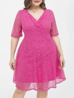 Women's Plus Size Curve Party Dress Lace Dress Cocktail Dress Midi Dress Fuchsia Half Sleeve Pure Color Lace Summer Spring Fall V Neck Fashion Birthday Wedding Guest Vacation 2023 XL XXL 3XL 4XL -HANs Plus Size Style Shop nxostc1692157191419