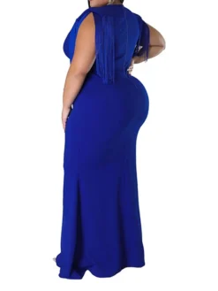 Women‘s Plus Size Curve Party Dress Solid Color V Neck Tassel Fringe Sleeveless Spring Summer Formal Maxi Long Dress Party Date Dress -HANs Plus Size Style Shop nxtzgc1659936867925