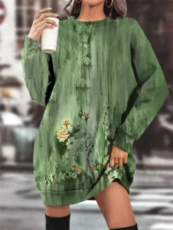 Women's Casual Dress Sweatshirt Dress Winter Dress Leaf Ombre Pocket Print Crew Neck Mini Dress Fashion Streetwear Outdoor Daily Long Sleeve Loose Fit Yellow Orange Green Fall Winter S M L XL XXL -HANs Plus Size Style Shop nxufre1695372455929