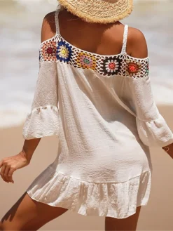 Women's Cover Up Beach Dress Beach Wear Mini Dress Ruffle Backless Ethnic Casual Floral Spaghetti Strap 3/4 Length Sleeve Loose Fit Outdoor Daily Black White 2023 Spring Summer One Size -HANs Plus Size Style Shop nydzxh1672903074956