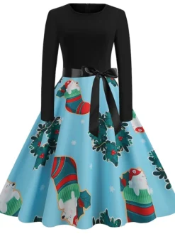 Women's Christmas Vintage Dress Green Black Light Red Red Light Blue Long Sleeve Print Print Winter Fall Crew Neck Vintage 2022 S M L XL 2XL 3XL -HANs Plus Size Style Shop nyqrrn1667467147635