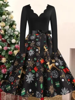 Women's Christmas Casual Dress Swing Dress Vintage Dress Midi Dress Black Wine Orange Long Sleeve Animal Bow Winter Fall Autumn V Neck 2022 S M L XL XXL 3XL