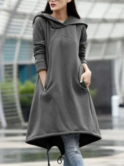 Women's Casual Dress Hoodie Dress Winter Dress Midi Dress Pocket Outdoor Street Daily Fashion Streetwear Hooded Long Sleeve 2023 Loose Fit Black Army Green Gray Color S M L XL XXL Size -HANs Plus Size Style Shop nzydnc1694510140156